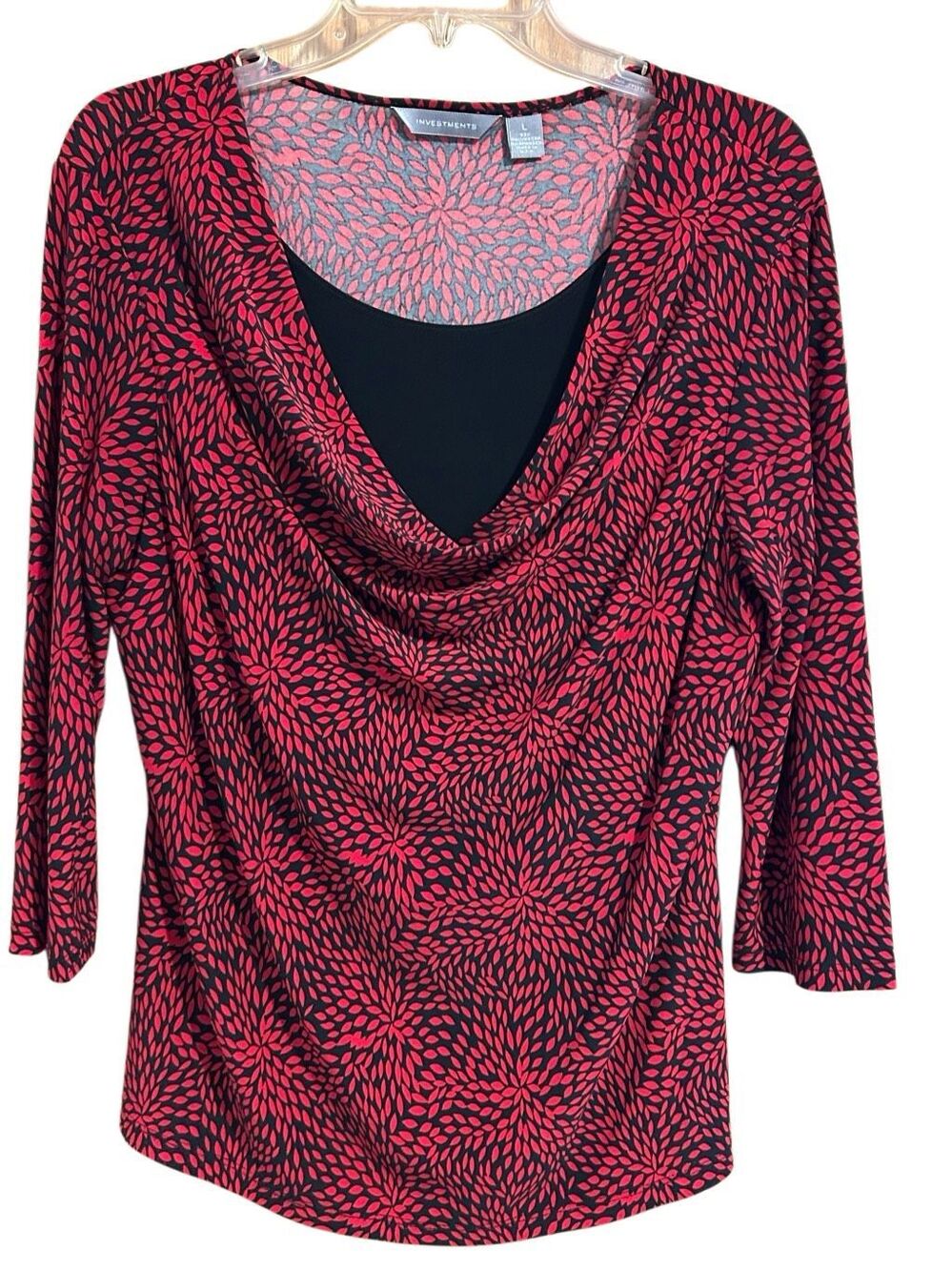 Investments Faux Layer Cowl Neck Top Red Black Leaf Print 3/4 Slv Women Size L C